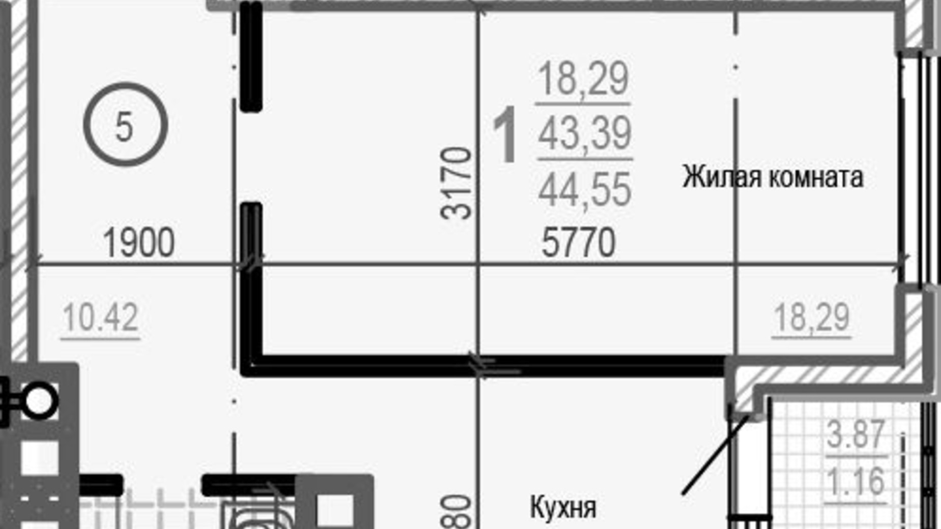 Планування 1-кімнатної квартири в ЖК Брюссель 44.59 м², фото 249465