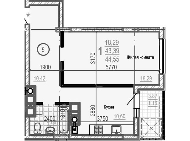 ЖК Брюссель: планування 1-кімнатної квартири 44.59 м²