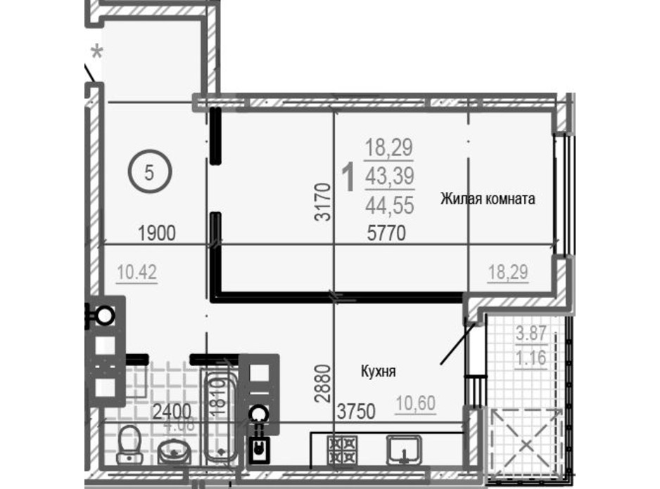 Планировка 1-комнатной квартиры в ЖК Брюссель 44.59 м², фото 249465 Планировка 1-комнатной квартиры в ЖК Брюссель 44.59 м², фото 249465