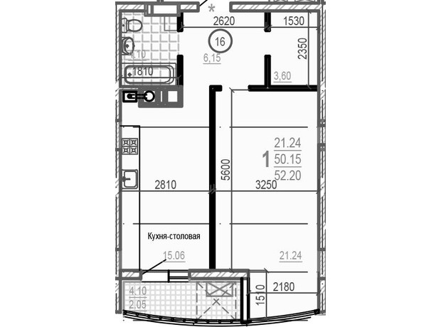 ЖК Брюссель: планировка 1-комнатной квартиры 52.2 м²