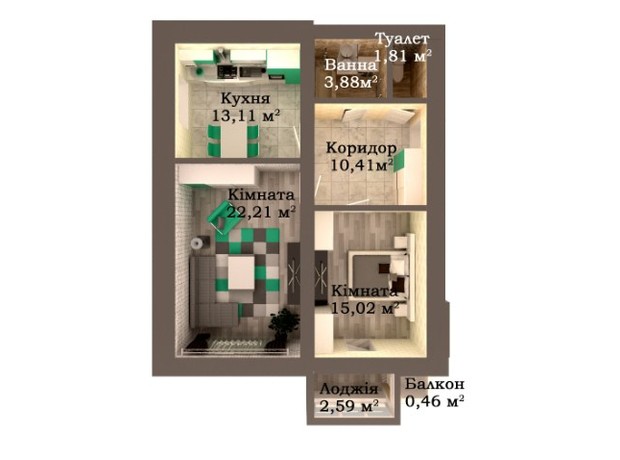 ЖК Caramel Residence: планировка 2-комнатной квартиры 69.49 м²