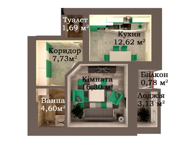 ЖК Caramel Residence: планування 1-кімнатної квартири 46.86 м²