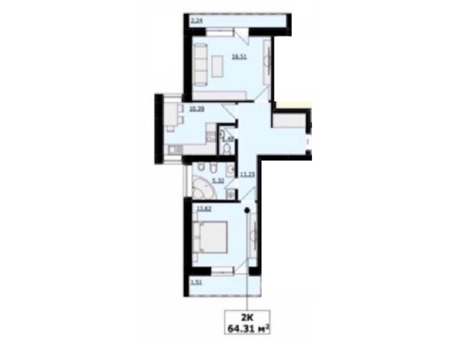 Планировка 2-комнатной квартиры в ЖК Кошицький 64.29 м², фото 249642 Планировка 2-комнатной квартиры в ЖК Кошицький 64.29 м², фото 249642