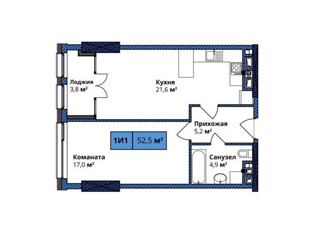 ЖК Manhattan City: планування 1-кімнатної квартири 52.5 м²