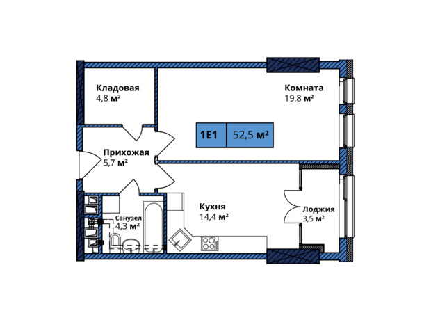 ЖК Manhattan City: планування 1-кімнатної квартири 52.5 м²