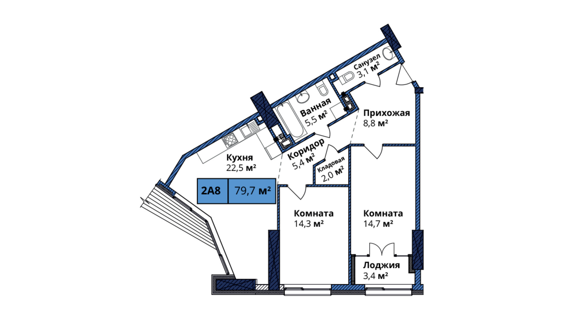 Планировка 2-комнатной квартиры в ЖК Manhattan City 79.7 м², фото 249651
