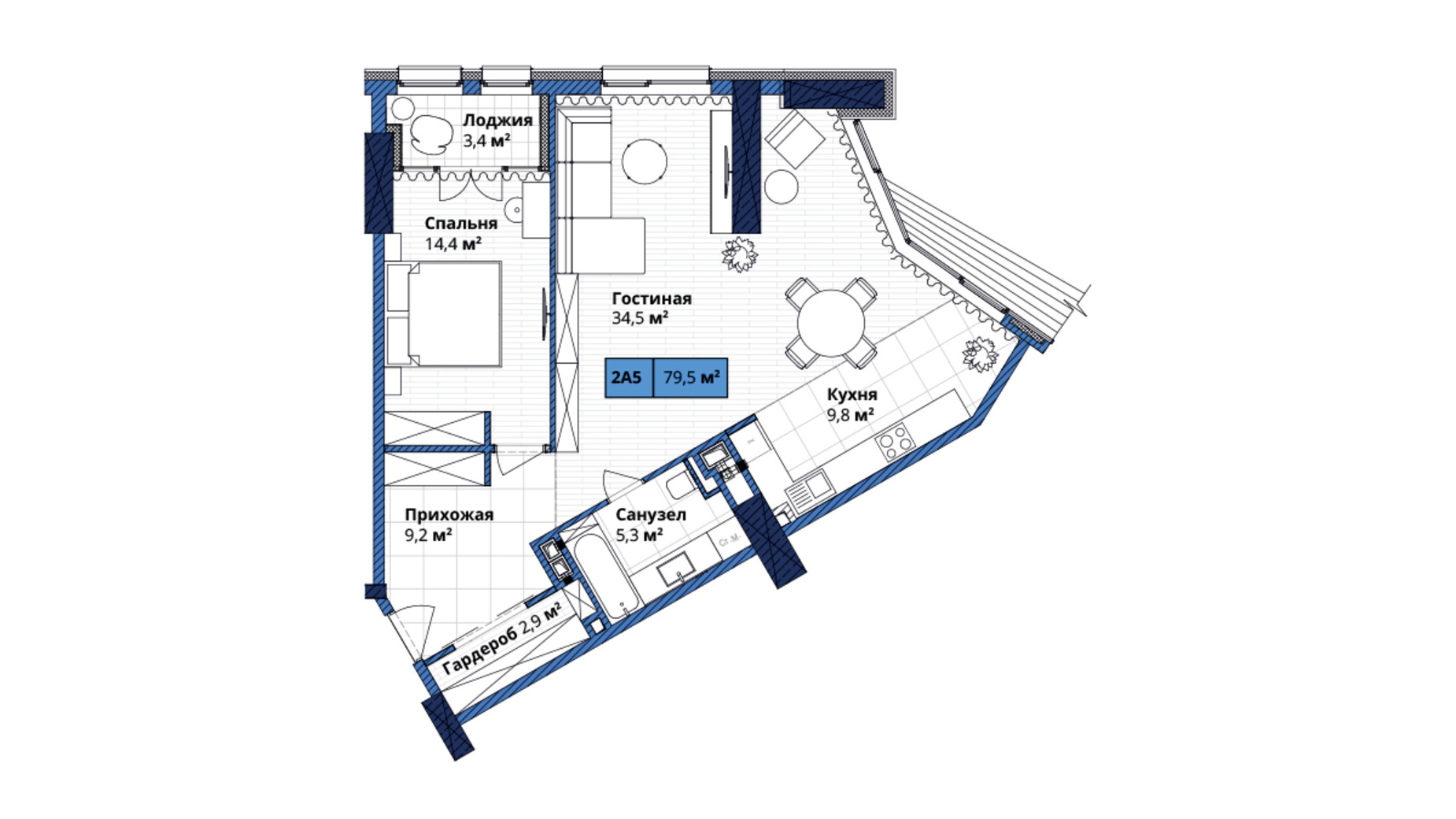 Планировка 2-комнатной квартиры в ЖК Manhattan City 79.7 м², фото 249653