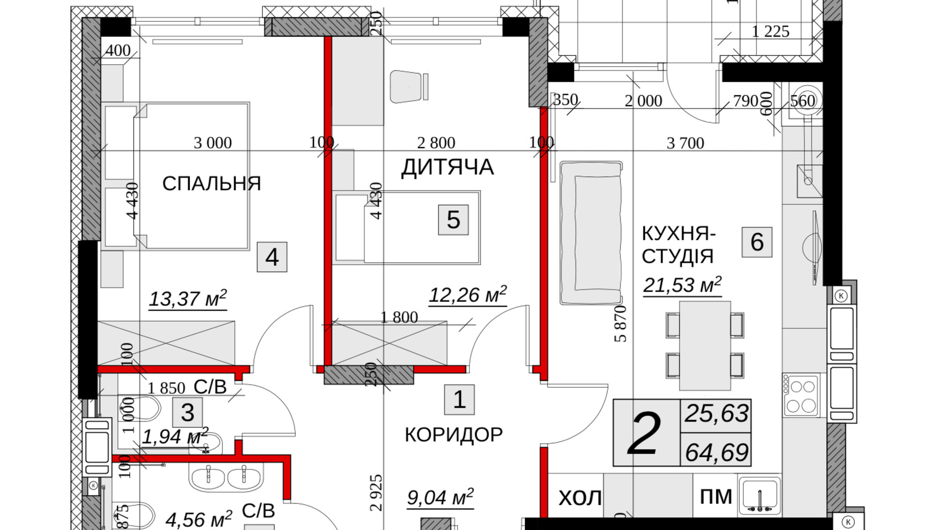 Планування 2-кімнатної квартири в ЖК Якісне житло 64.69 м², фото 249655