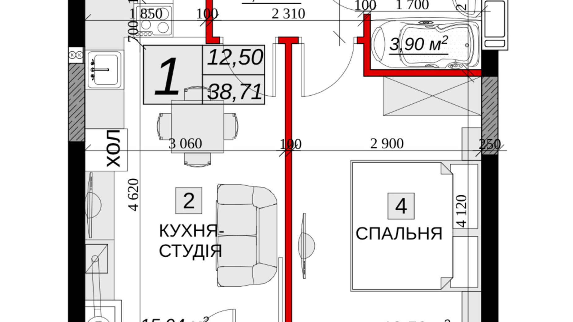 Планування 1-кімнатної квартири в ЖК Якісне житло 38.71 м², фото 249656