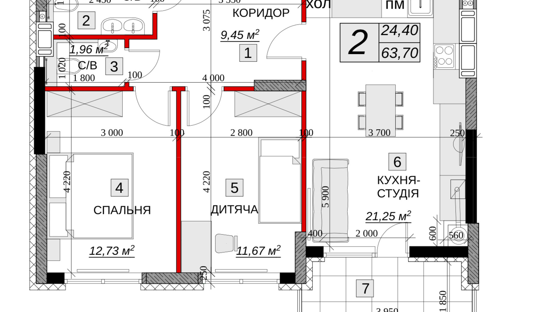 Планування 2-кімнатної квартири в ЖК Якісне житло 63.7 м², фото 249659