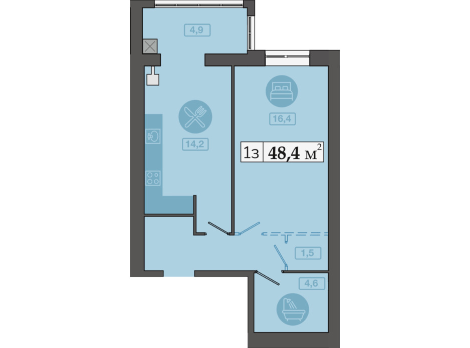 Планировка 1-комнатной квартиры в ЖК Счастливый на Днепре 48.4 м², фото 249706 Планировка 1-комнатной квартиры в ЖК Счастливый на Днепре 48.4 м², фото 249706