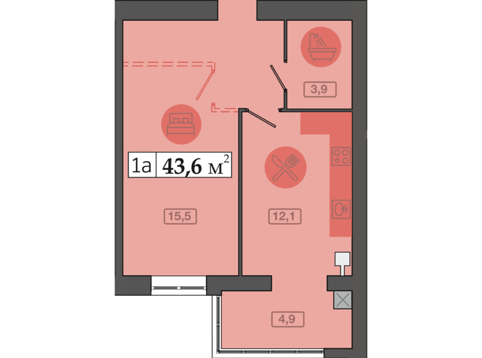 Планировка 1-комнатной квартиры в ЖК Счастливый на Днепре 43.6 м², фото 249709 Планировка 1-комнатной квартиры в ЖК Счастливый на Днепре 43.6 м², фото 249709