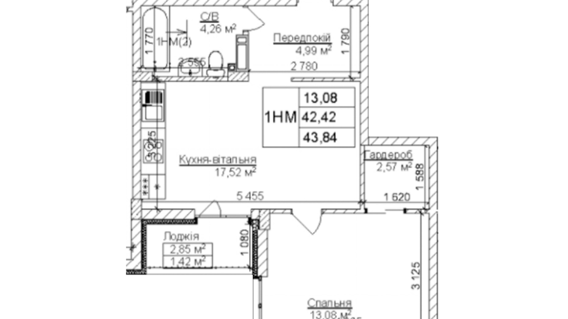 Планировка 1-комнатной квартиры в ЖК Гостомель Residence 44 м², фото 249980