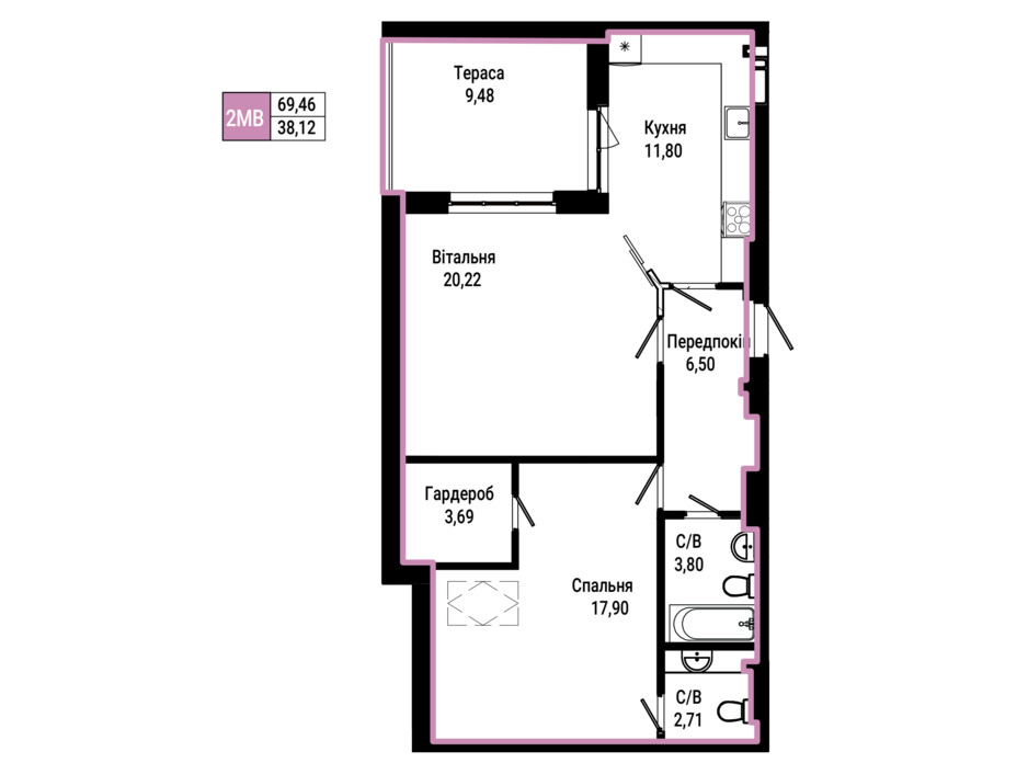 Планировка 2-комнатной квартиры в ЖК Гостомель Residence 69.46 м², фото 249993 Планировка 2-комнатной квартиры в ЖК Гостомель Residence 69.46 м², фото 249993
