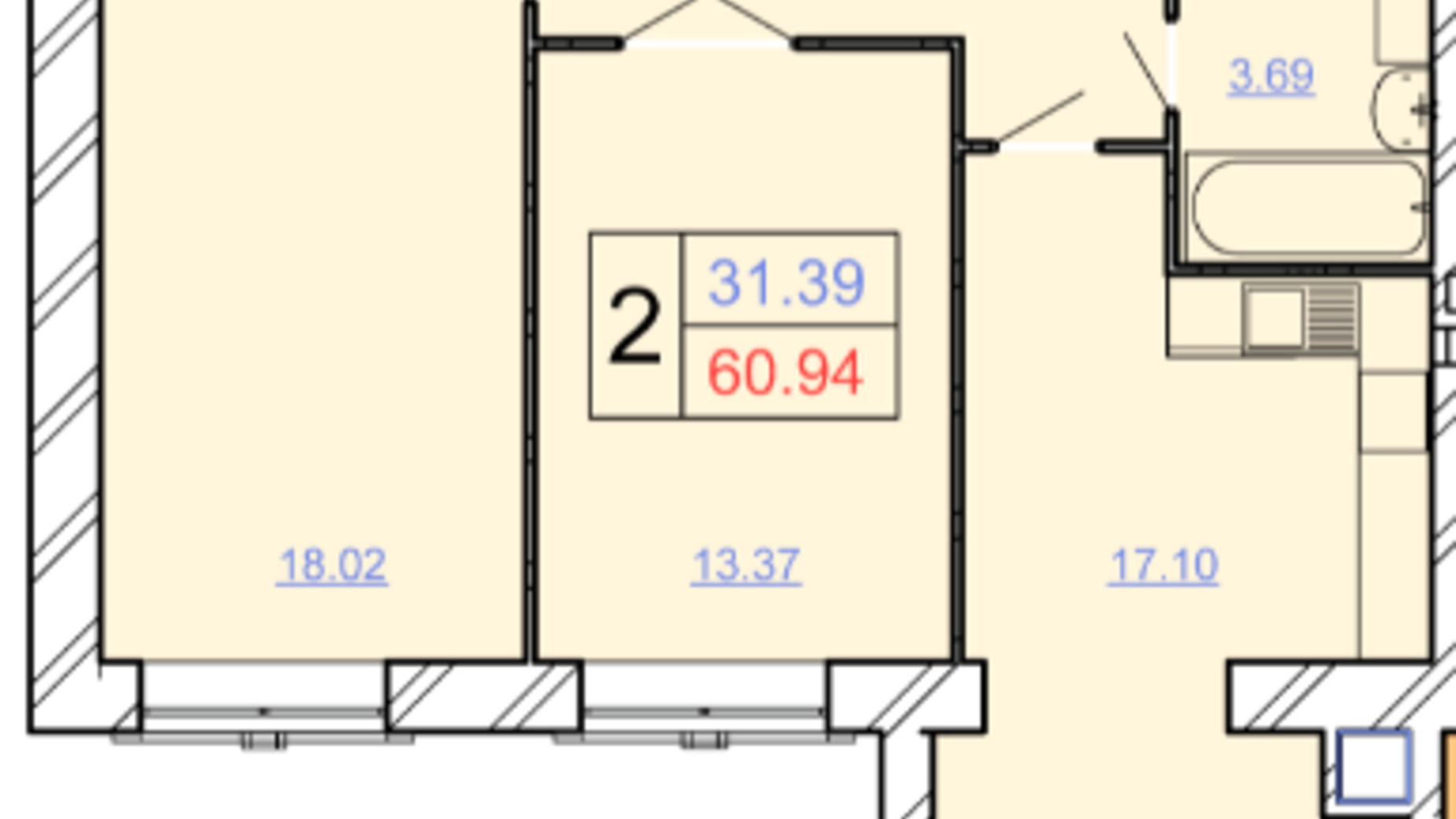 Планировка 2-комнатной квартиры в ЖК Avila Lux ll 60.94 м², фото 250284