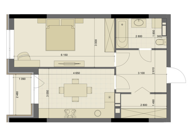 ЖК High Hills: планування 1-кімнатної квартири 51.99 м²