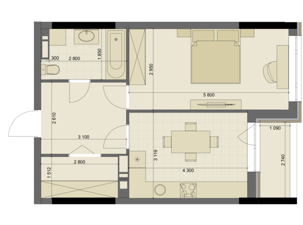 ЖК High Hills: планування 1-кімнатної квартири 49.69 м²