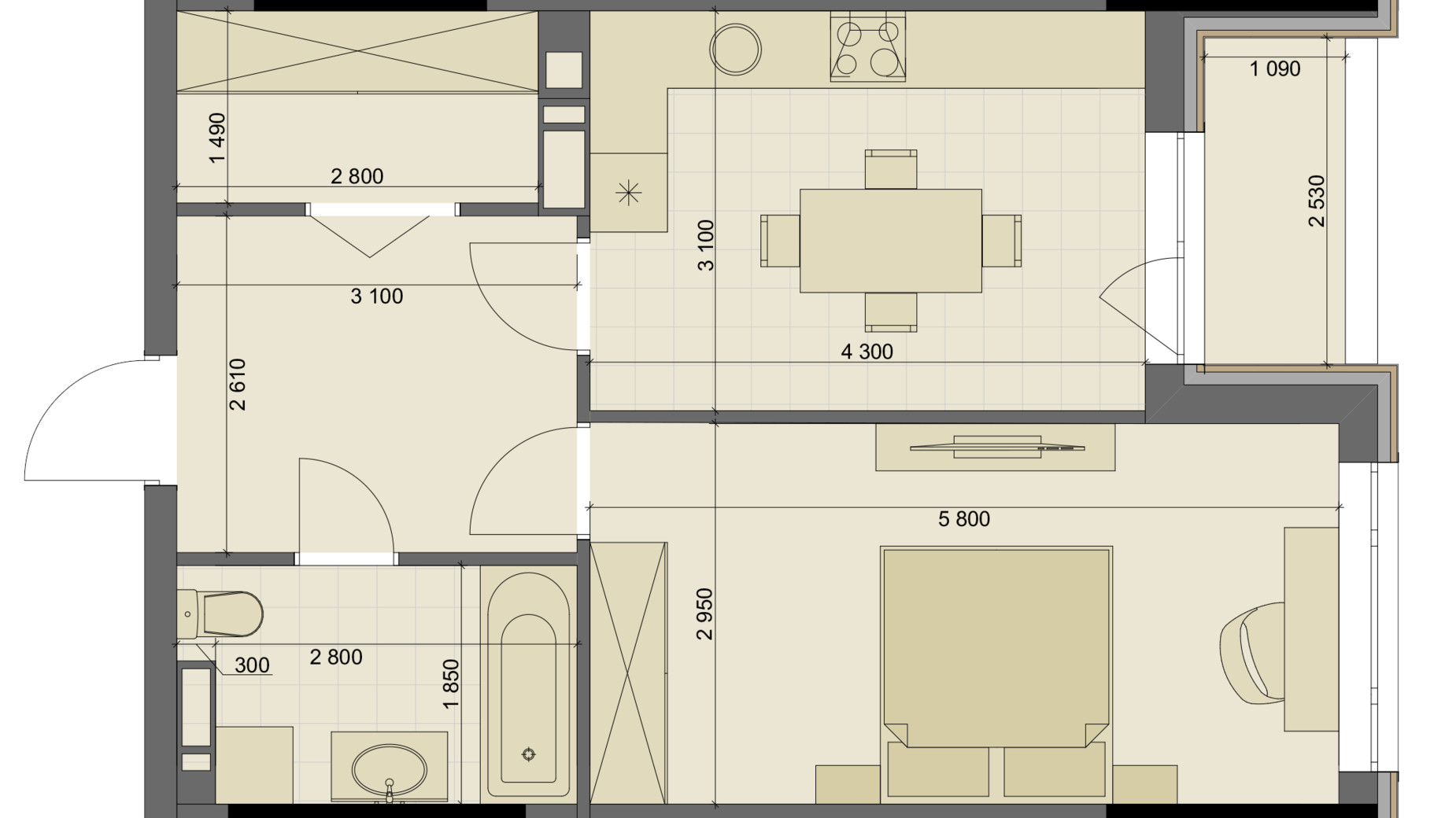 Планування 1-кімнатної квартири в ЖК High Hills 49.58 м², фото 250555