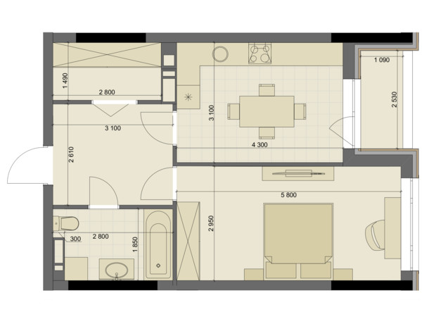 ЖК High Hills: планування 1-кімнатної квартири 49.58 м²