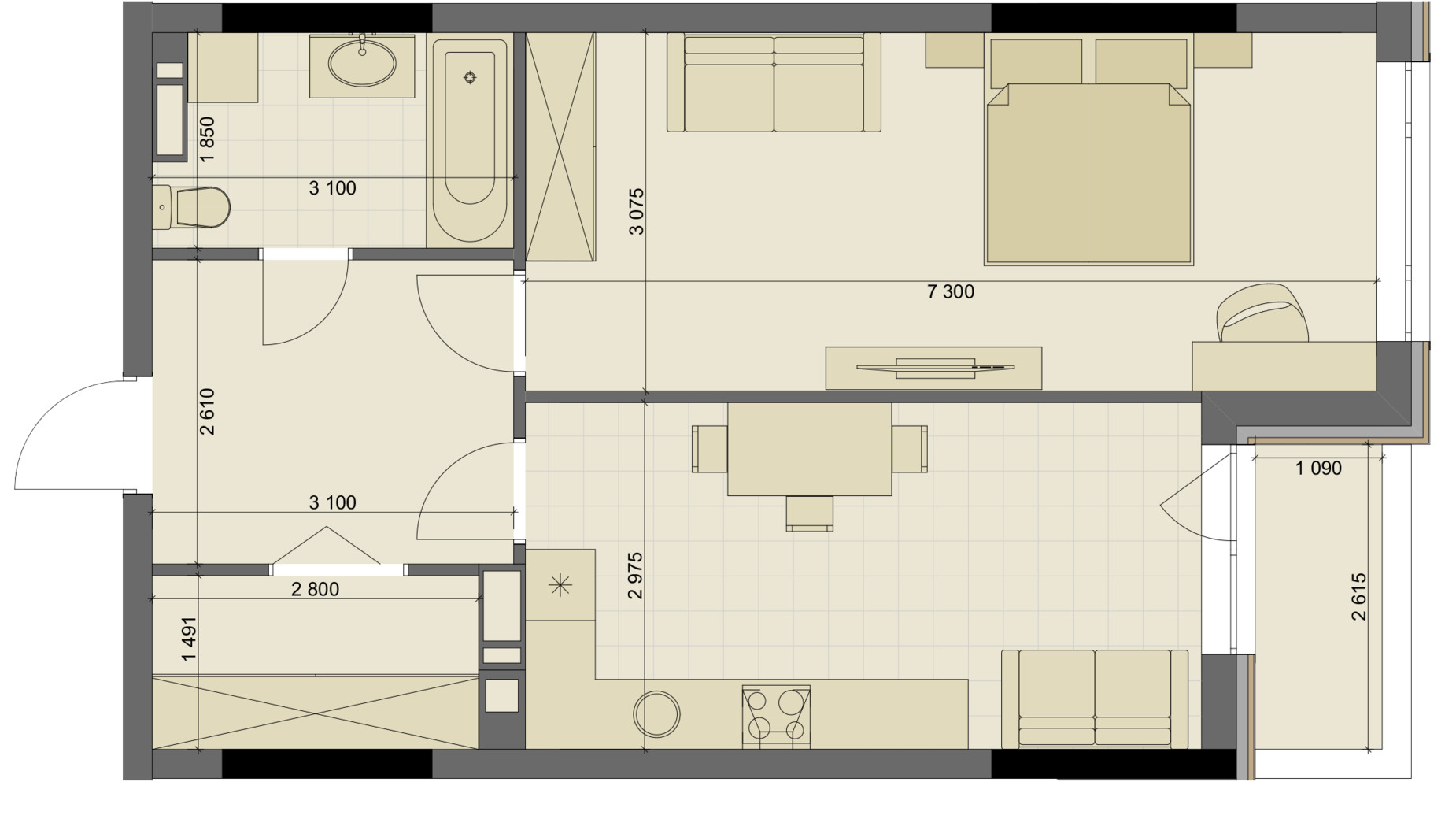 Планування 1-кімнатної квартири в ЖК High Hills 58.57 м², фото 250556