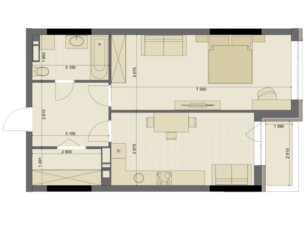 ЖК High Hills: планировка 1-комнатной квартиры 58.57 м²