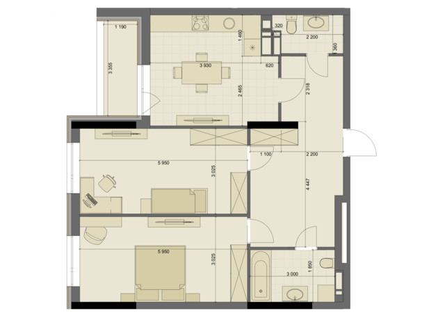 ЖК High Hills: планування 2-кімнатної квартири 83.93 м²