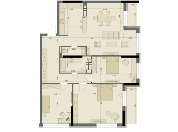 ЖК High Hills: планировка 4-комнатной квартиры 131.43 м²