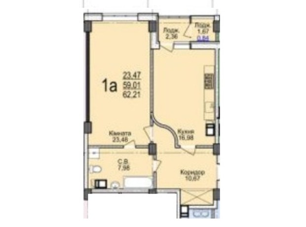 ЖК Свято-Троїцький посад: планування 1-кімнатної квартири 62.21 м²