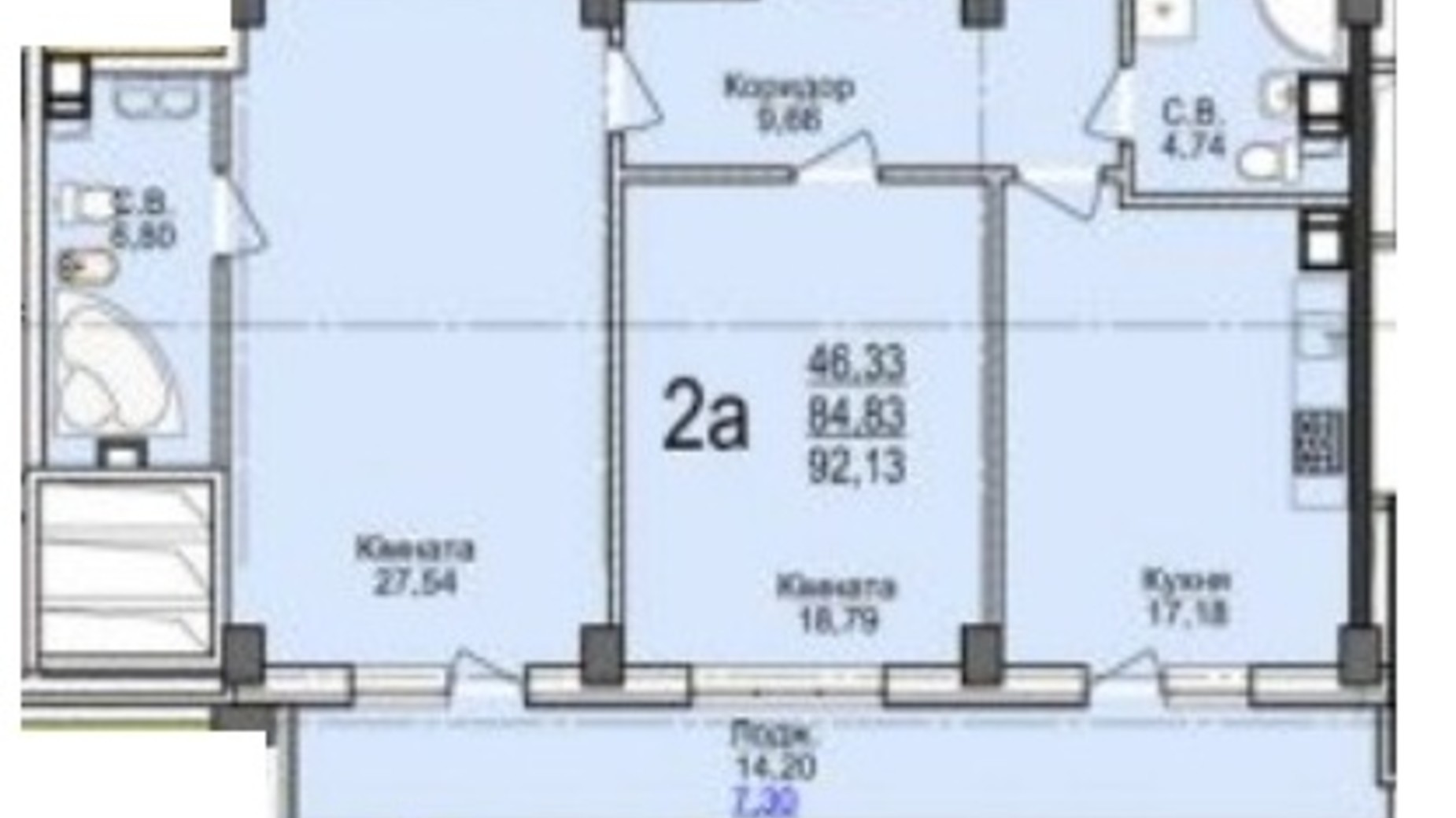 Планування 2-кімнатної квартири в ЖК Свято-Троїцький посад 92.13 м², фото 250679