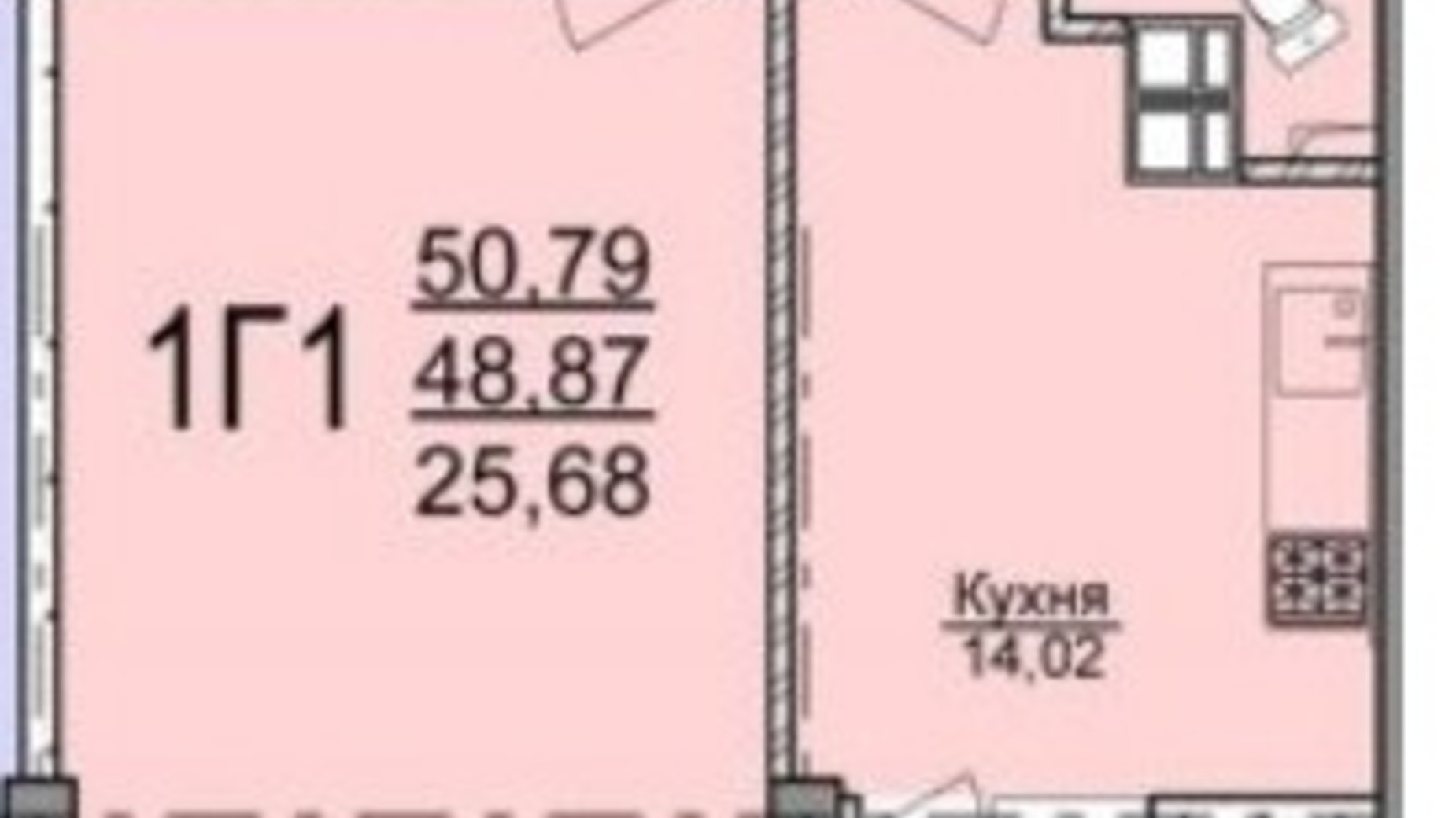 Планування 1-кімнатної квартири в ЖК вул. Пушкіна 50.97 м², фото 250714