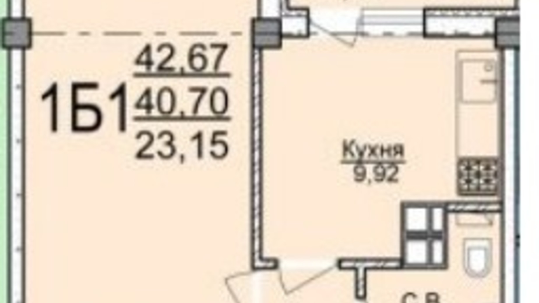 Планування 1-кімнатної квартири в ЖК вул. Пушкіна 42.67 м², фото 250715