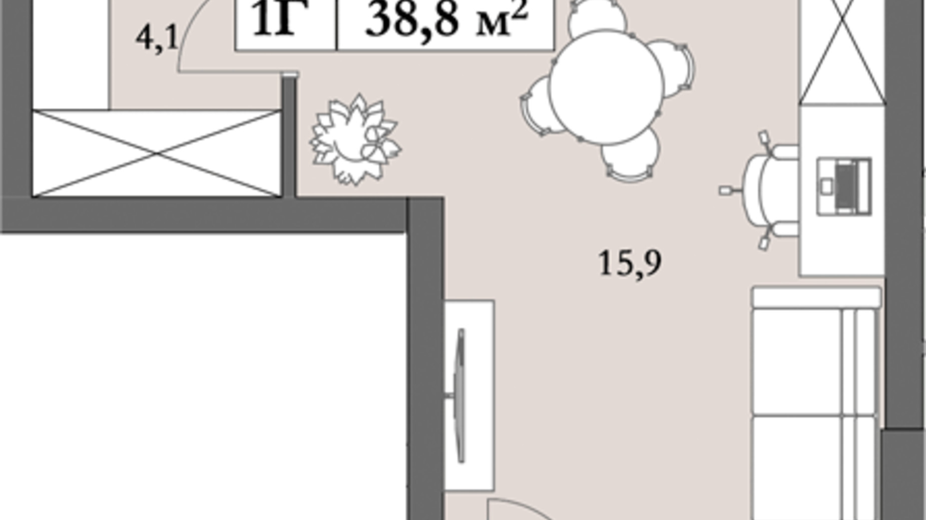 Планування 1-кімнатної квартири в ЖК Lagom 41.9 м², фото 250838