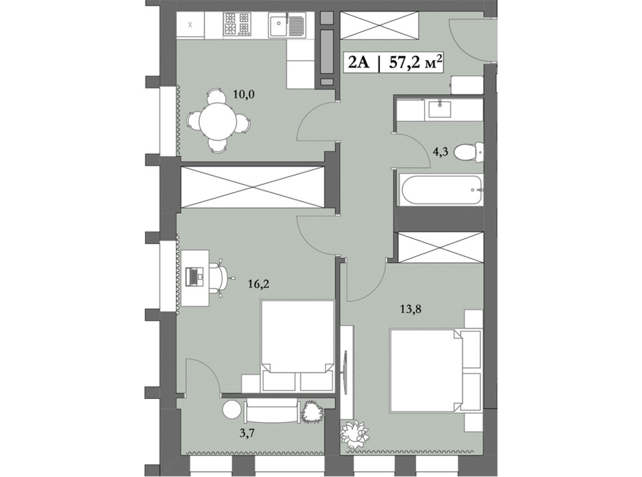 Планування 2-кімнатної квартири в ЖК Lagom 57.2 м², фото 250843 Планування 2-кімнатної квартири в ЖК Lagom 57.2 м², фото 250843