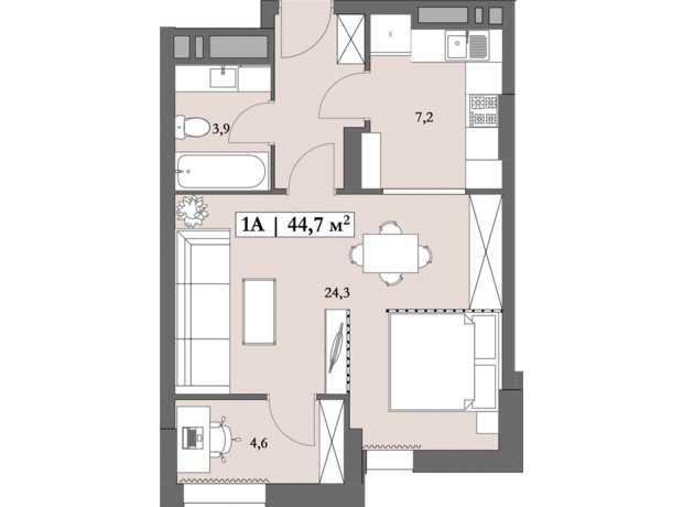 ЖК Lagom: планування 1-кімнатної квартири 47 м²