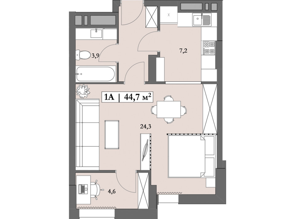 Планировка 1-комнатной квартиры в ЖК Lagom 44.7 м², фото 250844 Планировка 1-комнатной квартиры в ЖК Lagom 44.7 м², фото 250844