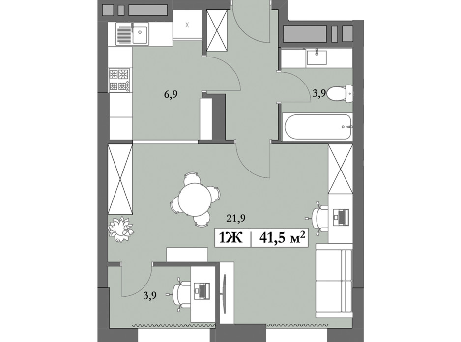 Планировка 1-комнатной квартиры в ЖК Lagom 41.5 м², фото 250851 Планировка 1-комнатной квартиры в ЖК Lagom 41.5 м², фото 250851