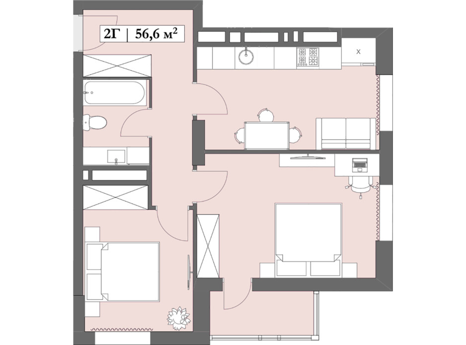 Планировка 2-комнатной квартиры в ЖК Lagom 56.6 м², фото 250852 Планировка 2-комнатной квартиры в ЖК Lagom 56.6 м², фото 250852