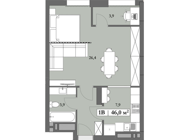 ЖК Lagom: планування 1-кімнатної квартири 47.9 м²