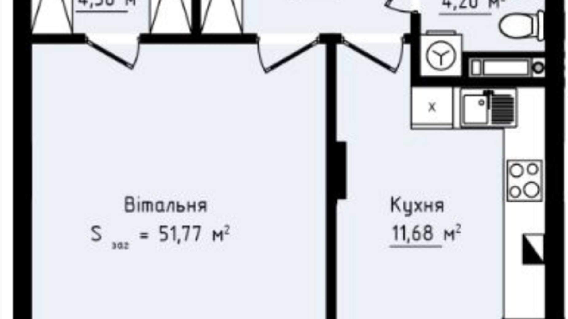 Планування 1-кімнатної квартири в ЖК Globus Premium 51.77 м², фото 251186