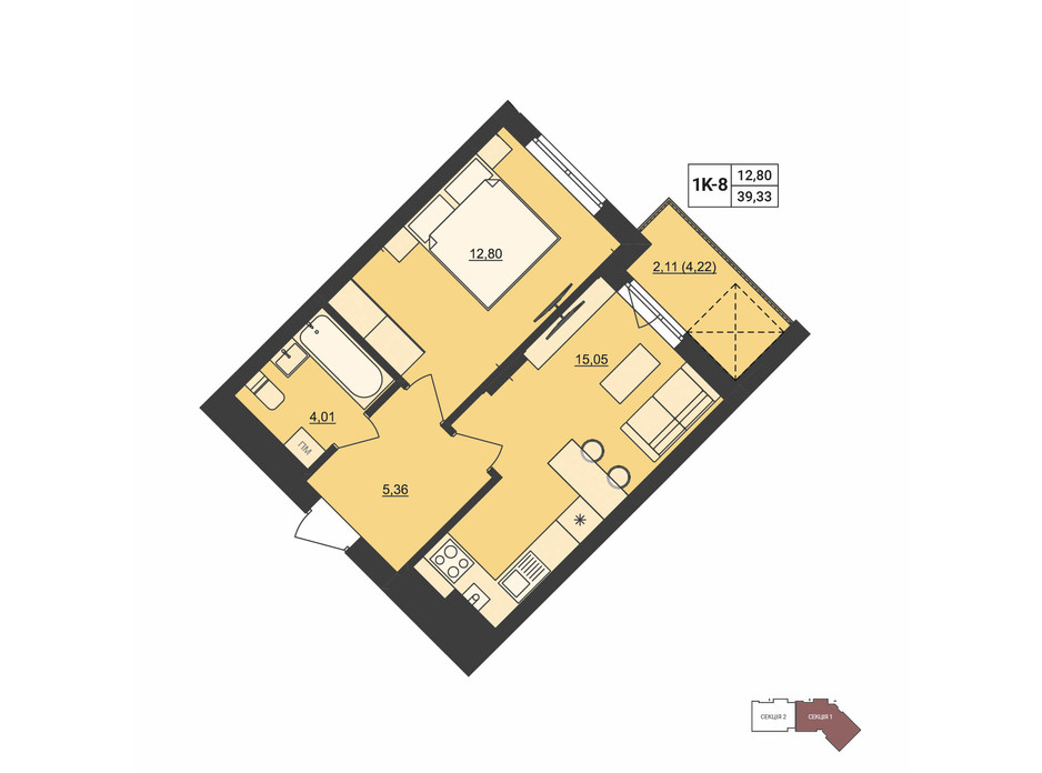 Планировка 1-комнатной квартиры в ЖК Mill town 39.33 м², фото 251329 Планировка 1-комнатной квартиры в ЖК Mill town 39.33 м², фото 251329
