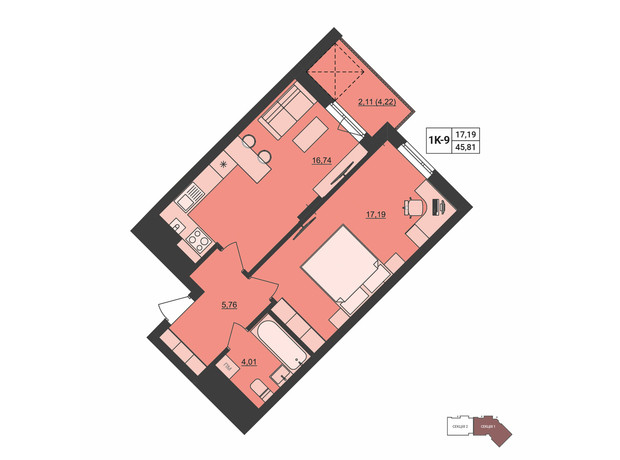 ЖК Milltown: планировка 1-комнатной квартиры 45.81 м²