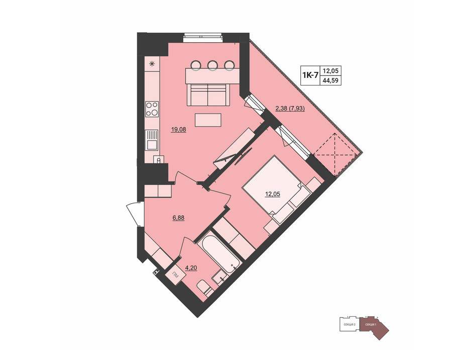 Планировка 1-комнатной квартиры в ЖК Mill town 44.59 м², фото 251331 Планировка 1-комнатной квартиры в ЖК Mill town 44.59 м², фото 251331