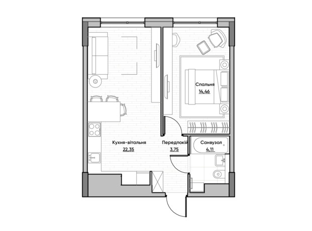 ЖК Lucky Land: планування 1-кімнатної квартири 44.67 м²