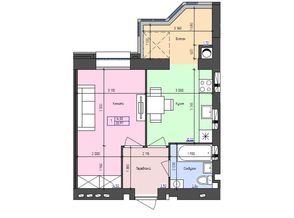 Планування 1-кімнатної квартири в ЖК Атлант 33.97 м², фото 251404 Планування 1-кімнатної квартири в ЖК Атлант 33.97 м², фото 251404