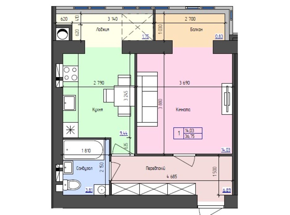 Планировка 1-комнатной квартиры в ЖК Атлант 36.75 м², фото 251405 Планировка 1-комнатной квартиры в ЖК Атлант 36.75 м², фото 251405