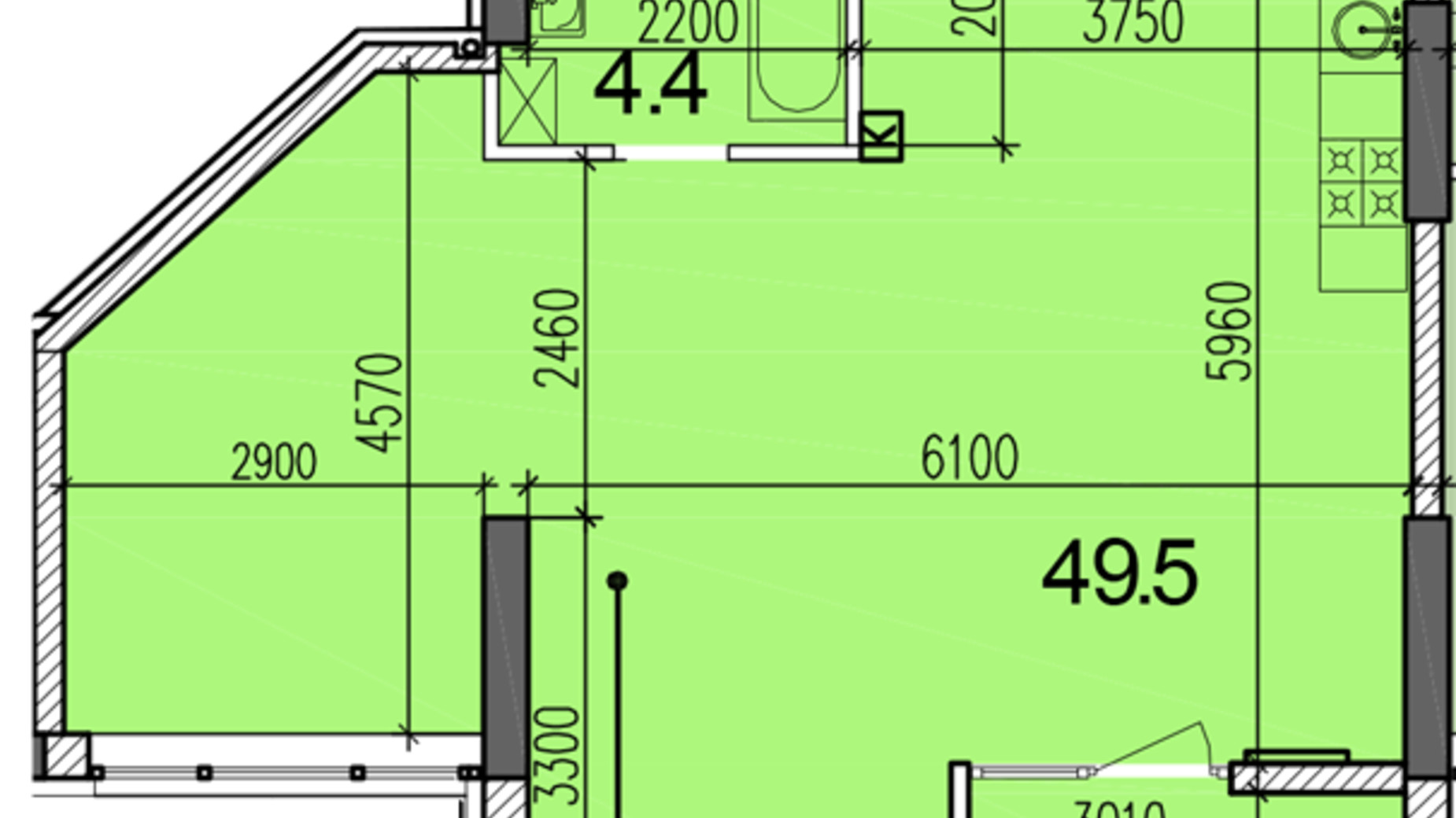 Планировка 1-комнатной квартиры в ЖК Затишний-2 57.4 м², фото 251442