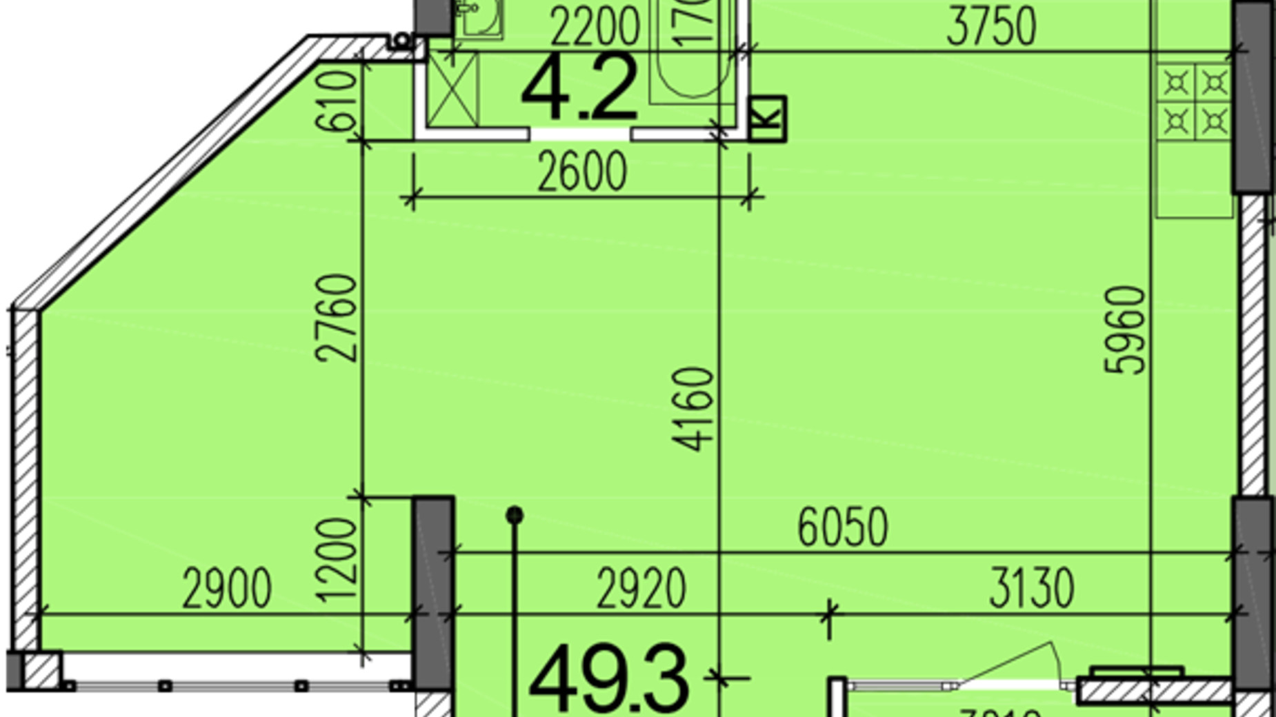 Планировка 1-комнатной квартиры в ЖК Затишний-2 57 м², фото 251445