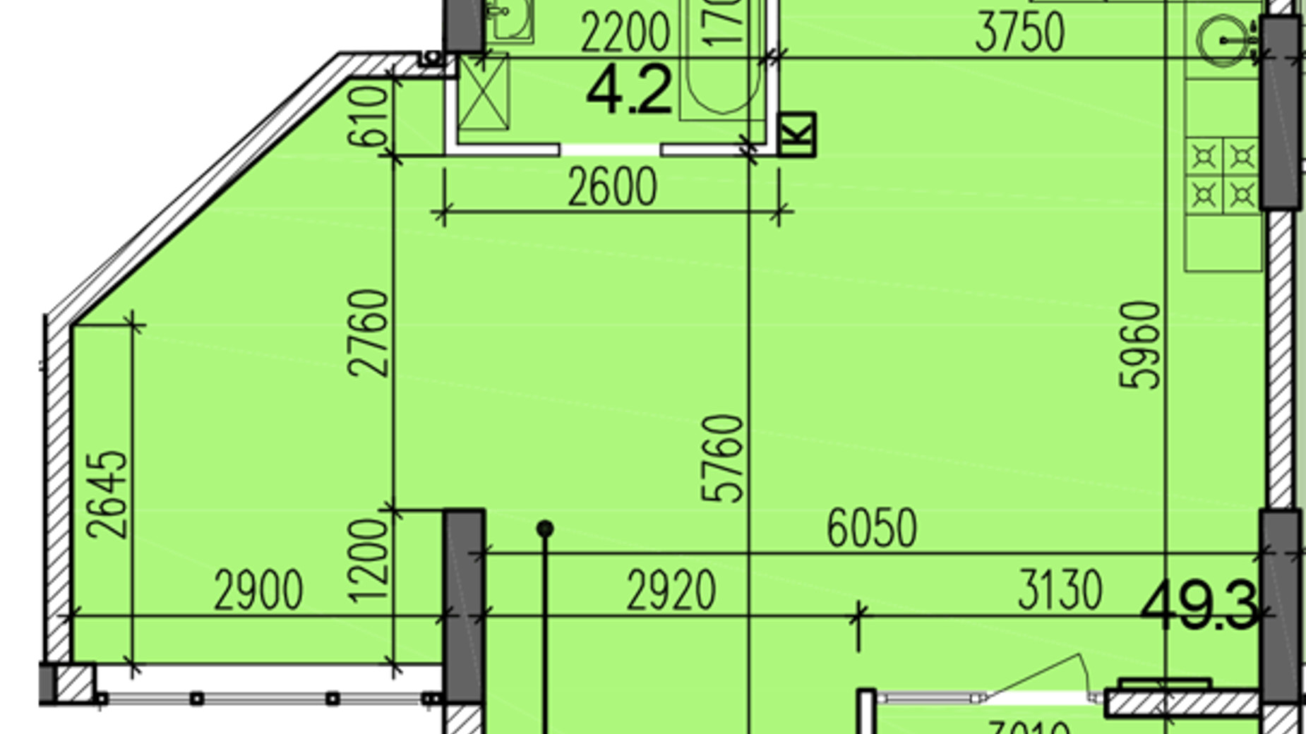 Планування 1-кімнатної квартири в ЖК Затишний-2 57 м², фото 251447