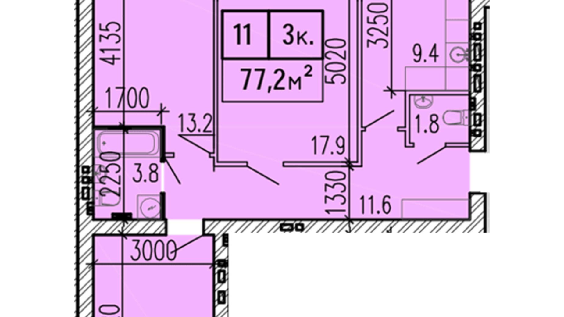 Планування 3-кімнатної квартири в ЖК Затишний 77.2 м², фото 251563