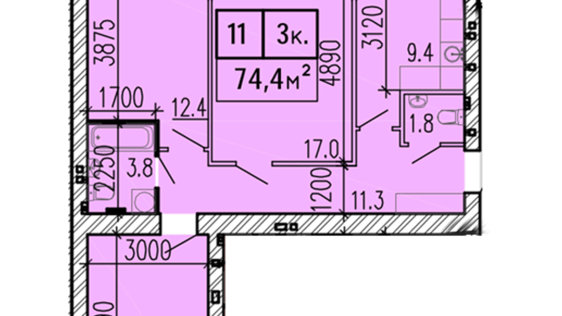 Планування 3-кімнатної квартири в ЖК Затишний 74.4 м², фото 251564